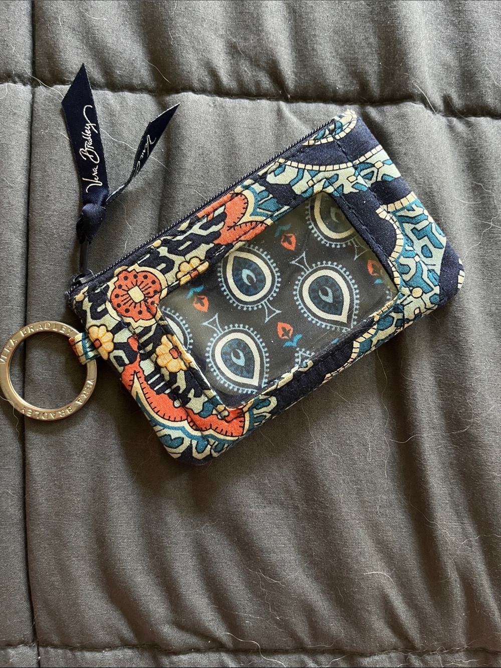 Vera Bradley Navy Multicolor Floral Paisley Zip ID Wristlet with Keyring